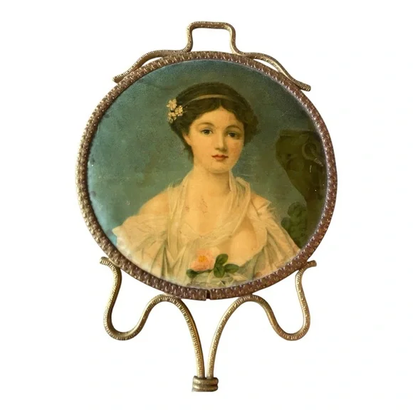 Antique Regency era hand mirror with painting of lady brass frame Bridgerton - Picture 3 of 6